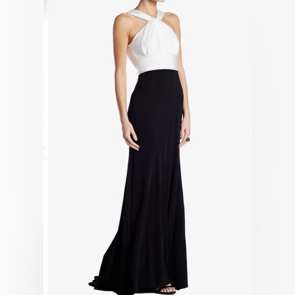 Vera Wang gorgeous twisted neck ruched ivory and black empire gown size 12 NWT - Picture 1 of 15